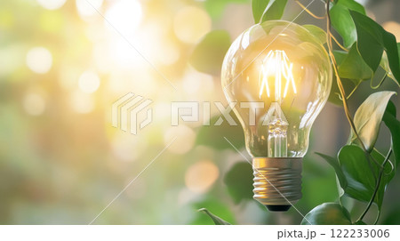 Eco Light Bulb Surrounded by Green Leaves 122233006