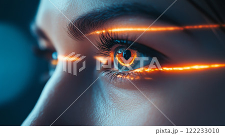 Close-up of Eye with Reflected Light During Eye Exam 122233010