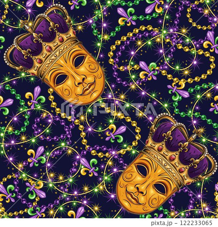 Carnival Mardi Gras themed pattern with golden venetian face mask in imperial crown, interlaced strings of beads, festive garland like sparkler. Detailed illustration in vintage style. 122233065