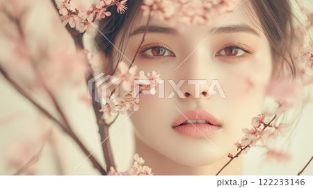 Close-up Portrait of a Young Woman Surrounded by Pink Blossoms Close-up Portrait of a Young Woman Surrounded by Pink Blossoms 122233146