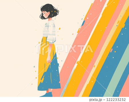 カラフルな斜めラインを背景に佇む少女のイラスト 122233232