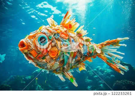 Fish made out of plastic trash swims underwater 122233261