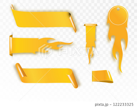 Golden satin ribbon tag. Gold textile label for sale promotion text. Discount and special offer badge. Vector 122233325