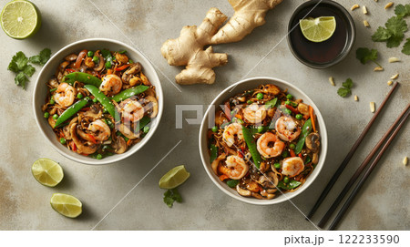 Two Bowls of Shrimp and Veggie Noodle Stir Fry 122233590
