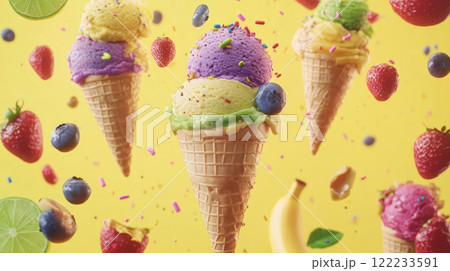 Floating Ice Cream Cones with Fruits and Toppings on Yellow Background 122233591