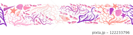 Seamless horizontal banner pattern with shells, seaweed, fish, corals and starfish. Marine life 122233796