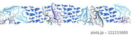 Seamless horizontal banner pattern with shells, seaweed, fish, corals and starfish. Marine life 122233800