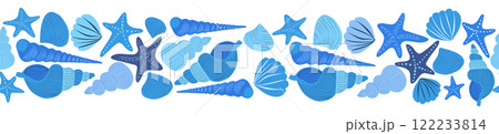 Seamless horizontal banner pattern with shells, seaweed, fish, corals and starfish. Marine life Seamless horizontal banner pattern with shells, seaweed, fish, corals and starfish. Marine life 122233814
