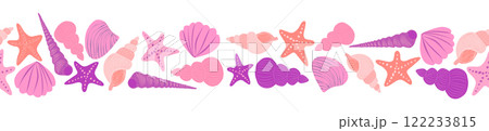 Seamless horizontal banner pattern with shells, seaweed, fish, corals and starfish. Marine life 122233815