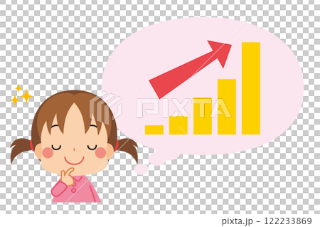 Illustration of a cute little girl smiling as she thinks of an upward trending graph White background Vector Clip art 122233869