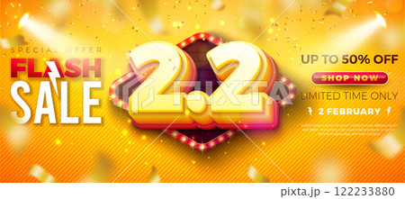 2 February Shopping Day Flash Sale Design with 3d 2.2 Light Bulb Billboard Number and Light Bulb on Yellow Background. Vector Special Offer 50 Percent Off Campaign Discount Illustration for Coupon 2 February Shopping Day Flash Sale Design with 3d 2.2 Light Bulb Billboard Number and Light Bulb on Yellow Background. Vector Special Offer 50 Percent Off Campaign Discount Illustration for Coupon 122233880
