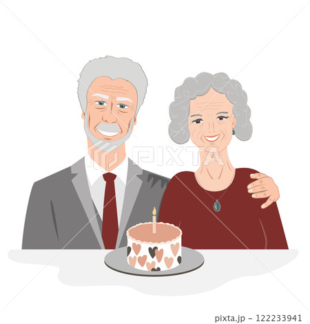 Smiling happy senior couple with a sweet cake and a lighting candle on it. Happy wedding anniversary or happy birthday concept. Elderly man and woman celebrating together. Vector isolated illustration Smiling happy senior couple with a sweet cake and a lighting candle on it. Happy wedding anniversary or happy birthday concept. Elderly man and woman celebrating together. Vector isolated illustration 122233941