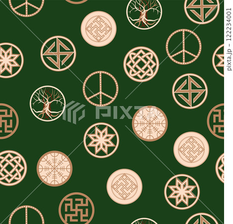 Seamless pattern ancient Slavic symbols. Star of the arkgamma, kolovrat, trixel, valknut, celtic cross and other Slavic symbol Seamless pattern ancient Slavic symbols. Star of the arkgamma, kolovrat, trixel, valknut, celtic cross and other Slavic symbol 122234001