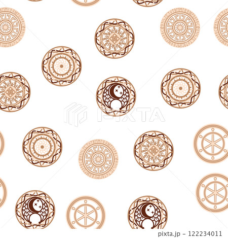 Seamless pattern ancient Slavic symbols. Star of the arkgamma, kolovrat, trixel, valknut, celtic cross and other Slavic symbol 122234011