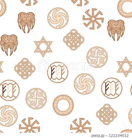 Seamless pattern ancient Slavic symbols. Star of the arkgamma, kolovrat, trixel, valknut, celtic cross and other Slavic symbol Seamless pattern ancient Slavic symbols. Star of the arkgamma, kolovrat, trixel, valknut, celtic cross and other Slavic symbol 122234012