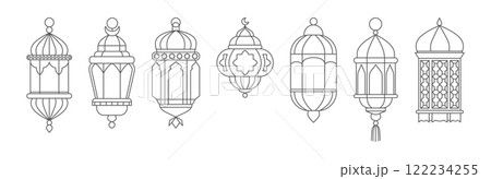 Lanterns ramadan line. Arabic traditional vintage lantern in linear style for muslim Ramadan Kareem holiday. Islamic design elements. Vector retro lamps isolated set 122234255