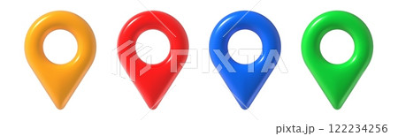 3d map pins. Realistic geo tag red, blue and yellow, green color pin for map, front view. Travel app navigation gps location vector isolated icons set 122234256