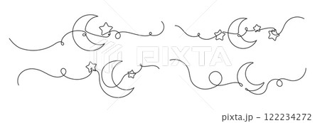 Continuous line crescent. Moon drawing of one line, Ramadan Kareem arabic symbol in simple linear style. Sleep outline sign, crescent with stars vector set 122234272
