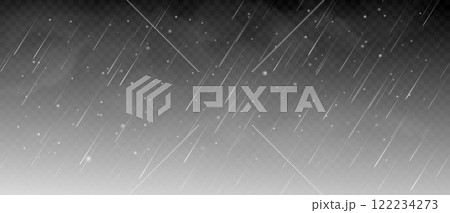 Realistic rain and snow. Raindrops and snowflakes, snowy storm with rain. Downpour, hail rainy autumn and winter weather. Vector isolated rainfall texture 122234273