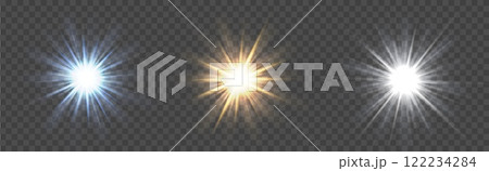 Realistic starburst. Sun rays yellow, blue and white star glow, sunlight effect, realistic radiant shine. Supernova radial burst flare. Vector isolated set Realistic starburst. Sun rays yellow, blue and white star glow, sunlight effect, realistic radiant shine. Supernova radial burst flare. Vector isolated set 122234284