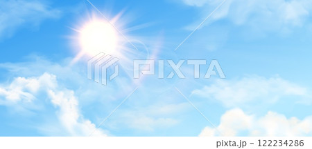 Sun in blue sky with clouds. Sunny summer day background, sunshine in spring cloudy heaven. Sunlight and cumulus effect. Realistic nature sky vector illustration 122234286