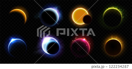 Solar eclipse. Light circles with planet edge, moon neon flare, space elements. Magic galaxy rings, star eclipses realistic effect. Vector outer space set 122234287