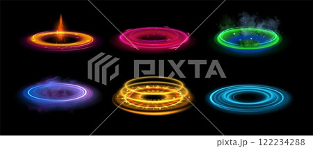 Round light flares. Glowing rings, energy flow tunnel, shiny color neon round magic frames, light circles light effect with sparks and smoke. Futuristic portals vector set 122234288
