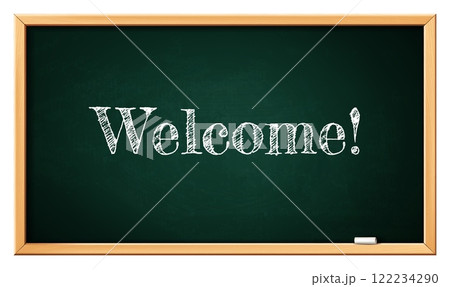 Welcome school blackboard. Back to school, greeting message on green chalkboard with wooden frame, 3D realistic banner template. Vector education and studying concept 122234290