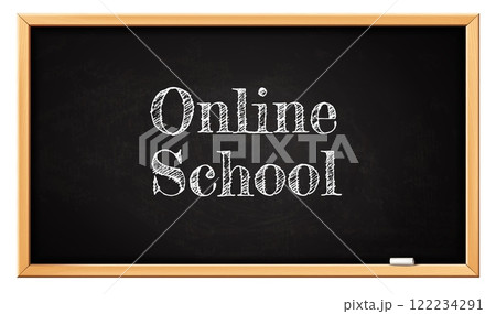 Online school blackboard. Back to school, online learning message on black chalkboard with wooden frame, 3D realistic banner template. Vector concept 122234291