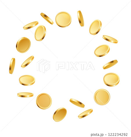 Gold rotating coins. 3d golden realistic coins flying by circle, money prize cash explosion isolated. Vector gambling game, casino and jackpot concept 122234292