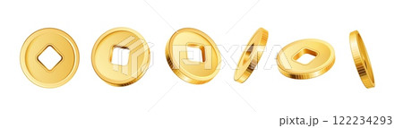 Chinese coin. 3D golden or bronze vintage coins with square hole in different positions, Chinese New Year element. Isolated Asian traditional gold money vector set 122234293