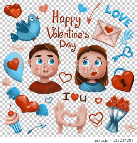boy and girl, Valentine's Day set, weddings, couple in love, digital drawing with imitation of natural materials 122234297