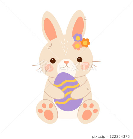 Easter bunny rabbit holding big Easter egg. Flat vector isolated illustration 122234376