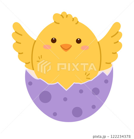 Chick in Easter egg. Chick hatch from cracked egg. Flat vector isolated illustration 122234378