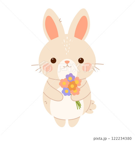 Cute little bunny with flowers. Rabbit flat vector isolated illustration 122234380