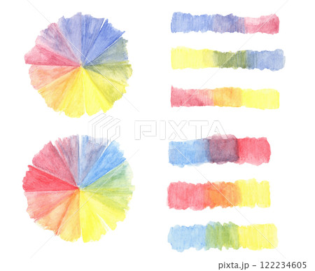 Color mixing theory illustration. Gradient primary color strokes and color wheels in rainbow hues. Hand painted watercolor crayons clipart. Versatile for DIY projects, elements for educational content 122234605