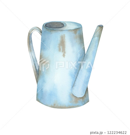 A light blue watering can watercolor clipart. Vintage rusty metal sprinkling can. Water pot illustration for gardening branding, home decor merchandise, DIY crafts, planner designs, or packaging 122234622