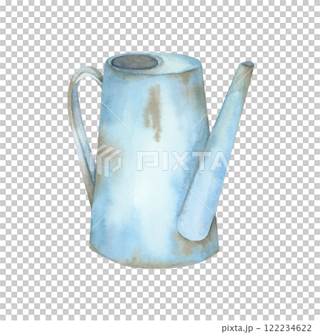A light blue watering can watercolor clipart. Vintage rusty metal sprinkling can. Water pot illustration for gardening branding, home decor merchandise, DIY crafts, planner designs, or packaging 122234622