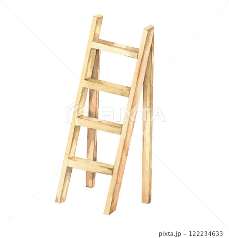 Garden staircase clipart. Wooden ladder hand drawn watercolor illustration. Rustic stepladder for farm-themed designs, DIY garden decor, or crafting unique patterns for merchandise or invitations Garden staircase clipart. Wooden ladder hand drawn watercolor illustration. Rustic stepladder for farm-themed designs, DIY garden decor, or crafting unique patterns for merchandise or invitations 122234633