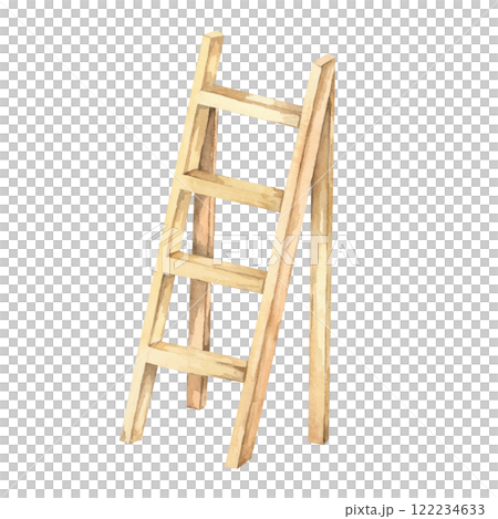 Garden staircase clipart. Wooden ladder hand drawn watercolor illustration. Rustic stepladder for farm-themed designs, DIY garden decor, or crafting unique patterns for merchandise or invitations Garden staircase clipart. Wooden ladder hand drawn watercolor illustration. Rustic stepladder for farm-themed designs, DIY garden decor, or crafting unique patterns for merchandise or invitations 122234633
