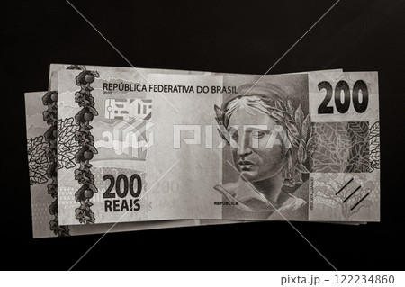 Money in Brazil. 200 Brazilian banknotes Reais Real BRL. 122234860