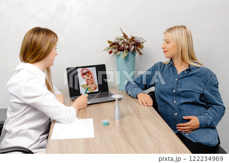 Young pregnant woman visiting her gynecologist in modern clinic. Woman sitting on chair and talking to her doctor Young pregnant woman visiting her gynecologist in modern clinic. Woman sitting on chair and talking to her doctor 122234969