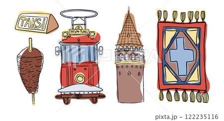 Istanbul icons including Galata Tower, tram, kebab, and Turkish carpet showcase vibrant culture, historic architecture, and must-see destinations for travelers and history enthusiasts Istanbul icons including Galata Tower, tram, kebab, and Turkish carpet showcase vibrant culture, historic architecture, and must-see destinations for travelers and history enthusiasts 122235116
