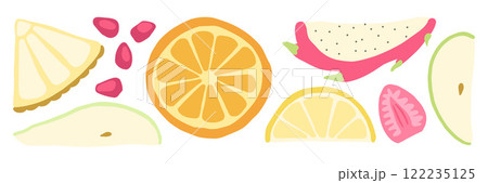 Bright fruit slices of orange, lemon, dragonfruit, pomegranate, and strawberry create a vibrant, juicy, and refreshing tropical summer theme for healthy snacks and decor Bright fruit slices of orange, lemon, dragonfruit, pomegranate, and strawberry create a vibrant, juicy, and refreshing tropical summer theme for healthy snacks and decor 122235125