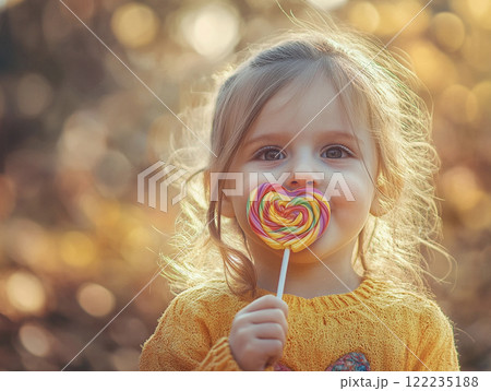 ハート形のキャンディーを食べる女の子　AI画像 122235188