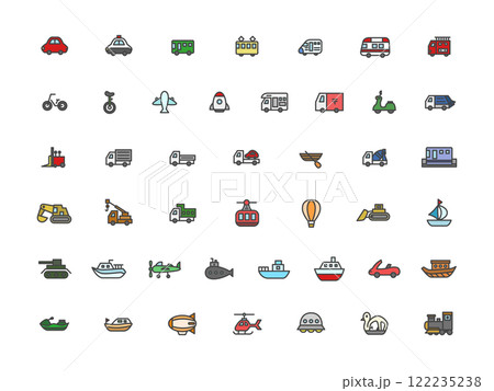 カラー乗り物関連のイラストアイコンセット 122235238