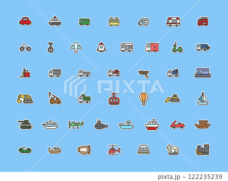 ステッカー風乗り物関連のイラストアイコンセット 122235239