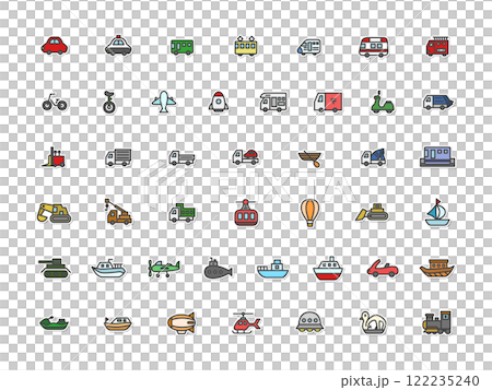 ステッカー風乗り物関連のイラストアイコンセット（背景なし） 122235240