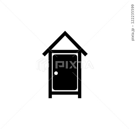 Black and white icon of a beach changing cabin with pointed roof and door handle 122235599