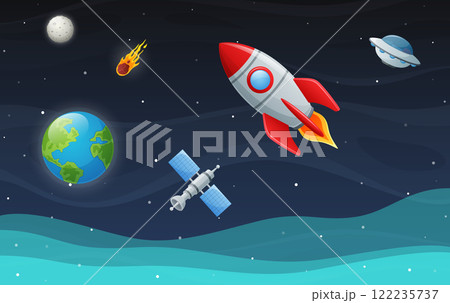 Space rocket launch in universe. Vector illustration 122235737